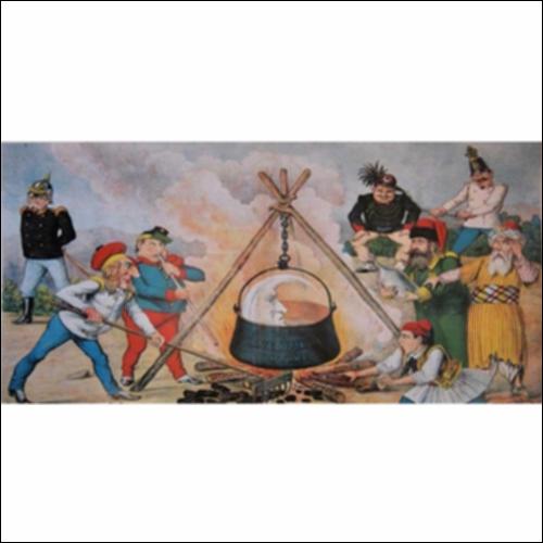 Γελοιογραφία εποχής στη σατιρική εφημερίδα “Νέος Αριστοφάνης”, στα τέλη του 19ου αιώνα, που περιγράφει τις βλέψεις των Βαλκανικών Κρατών στη Μακεδονία και γενικότερα στην Οθωμανική Αυτοκρατορία_icon